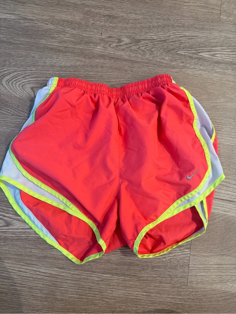 Nike Women's Bright Coral Running Shorts with Neon Yellow Trim
